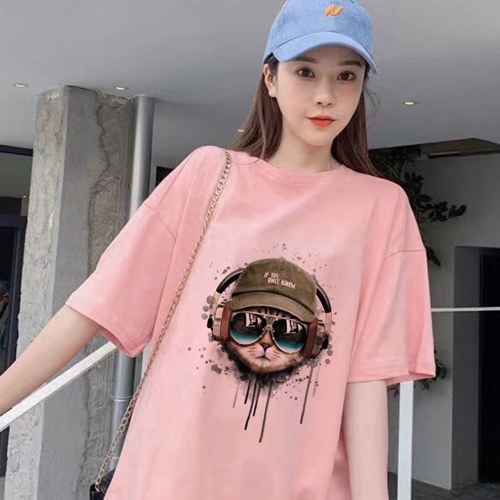 Áo Thun Tay Lỡ In Nhiệt Mèo Nghe Nhạc Unisex chất Cotton phong cách Ulzzang ATIN52 - Áo Phông unisex Cotton cao cấp | BigBuy360 - bigbuy360.vn