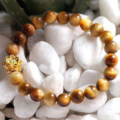 VTMC102 Vòng Tay Đá Mắt Hổ Vàng 8mm Mix Hoa Sen Bạc 925 Mạ Vàng