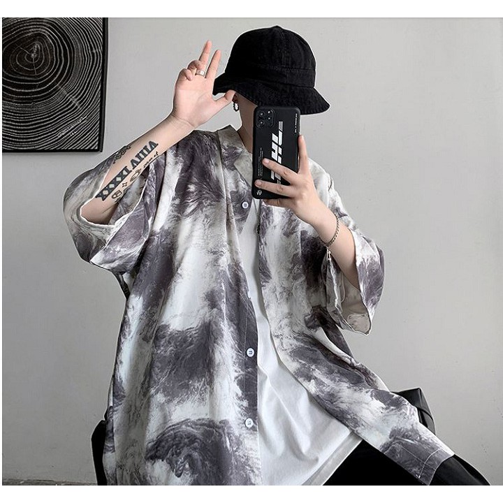Áo sơ mi nam nữ họa tiết loang màu vân mây cộc tay cổ bẻ form rộng unisex 20UP 50-85kg 100% lụa cao cấp nhẹ thoáng mát | BigBuy360 - bigbuy360.vn