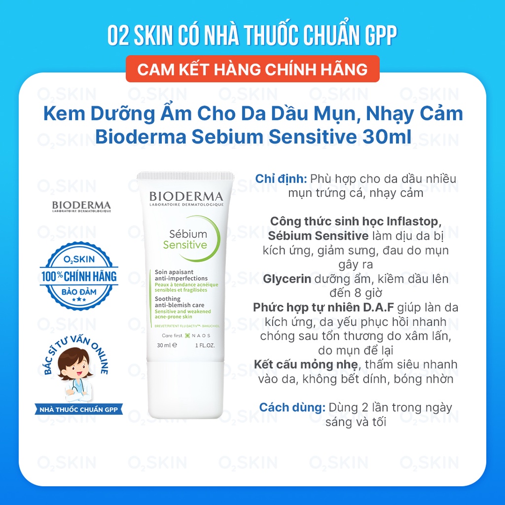 Kem Dưỡng Ẩm Bioderma Dành Cho Da Dầu Mụn, Nhạy Cảm Bioderma Sesbium Sensitive 30ml Cam Kết Hàng Chính Hãng