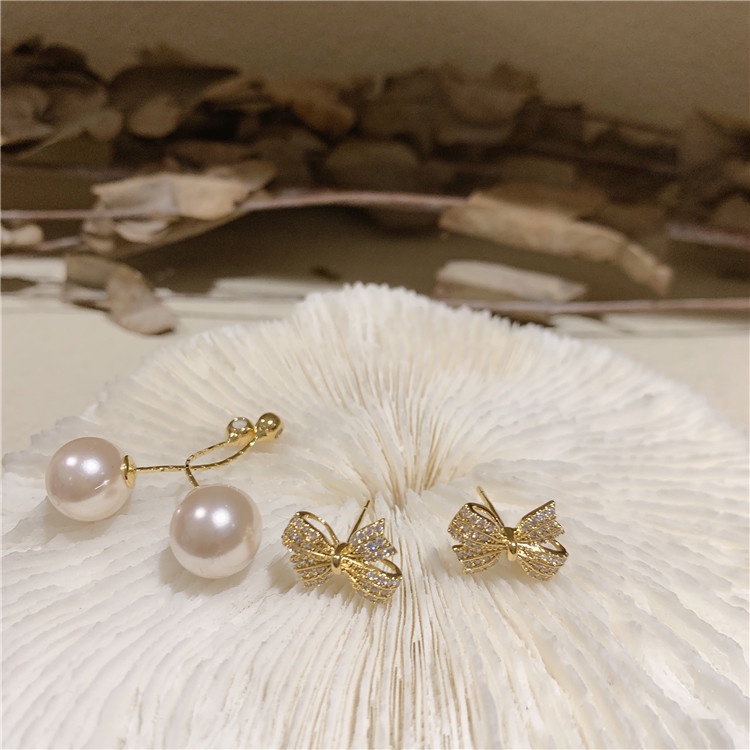 Bông Tai Hình Nơ Đính Ngọc Trai Lấp Lánh Phong Cách Hàn Quốc