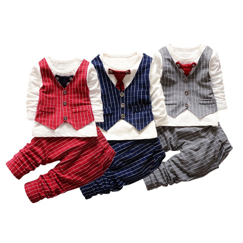 Bộ áo sơ mi giả vest dài tay họa tiết sọc + quần cotton thời trang cho bé trai