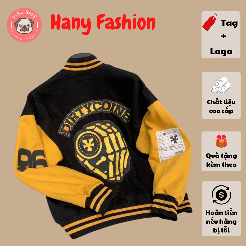 Áo khoác DirtyCoins Embroidered Varsity Jacket áo bomber Dirty coins Đen tay vàng full tag Hany Shop