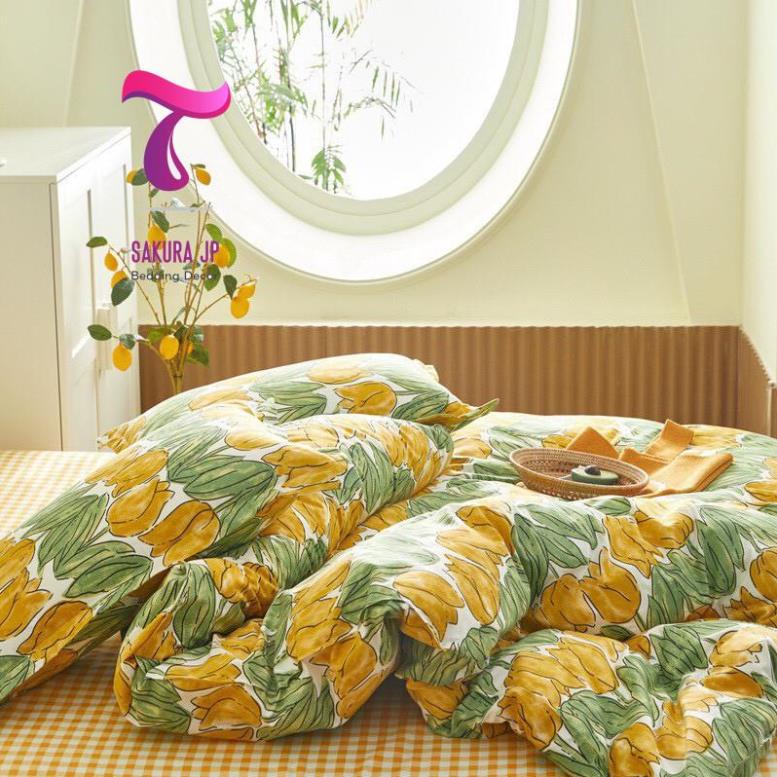 HÀNG MỚI- Chăn Ga Gối Đệm Poly 100% Nhập Khẩu Hàng Rào Hoa Tulyp Vàng Xanh Xinh - BST Chăn Ga Gối Poly