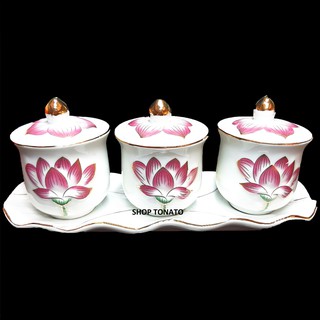 Chung nắp bộ 3 ly thờ cúng hoa sen tím