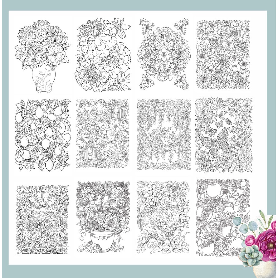 Tranh tô màu nước line art Flowers, bộ 12 tranh giấy dầy đẹp