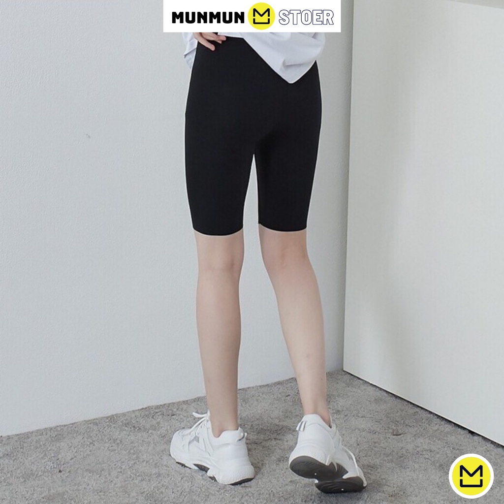 Quần legging lửng munmun vải cotton co giãn biker nữ đùi ngố đồ mặc nhà dáng ôm bó lưng thun tập gym yoga