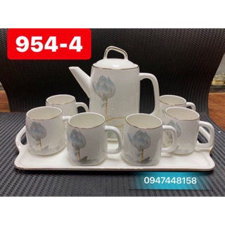 Bộ bình cốc cao cấp vẽ sen viền vàng