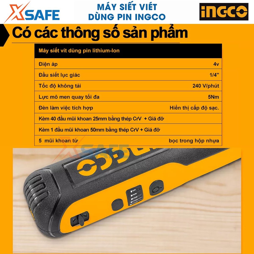 Máy bắn vít dùng pin Ingco CSDLI0403 4V, lực siết 5Nm, có đèn led, cảm ứng lực, kèm 43 phụ kiện