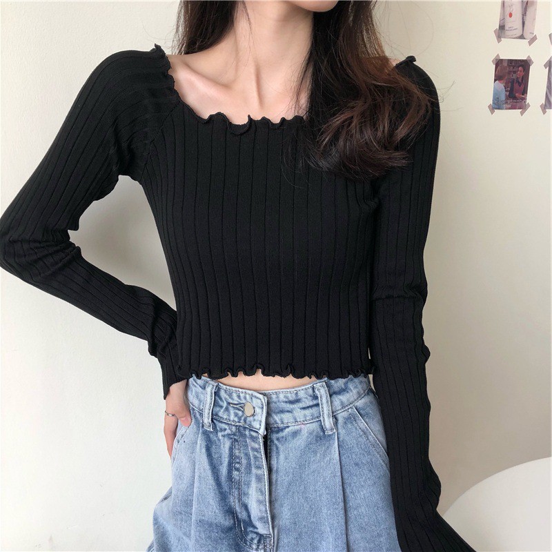 FLASH⚡SALE 9h-12h Áo Croptop Tay Dài Chất Len Tăm Mềm Mại Mát Trễ Vai Trẻ Trung Quyến Rũ- MSP T15