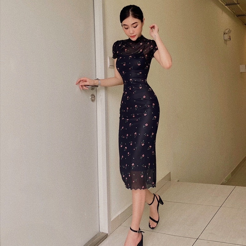 Đầm Hoa Nhí Dáng Dài Ôm Body Tôn Dáng