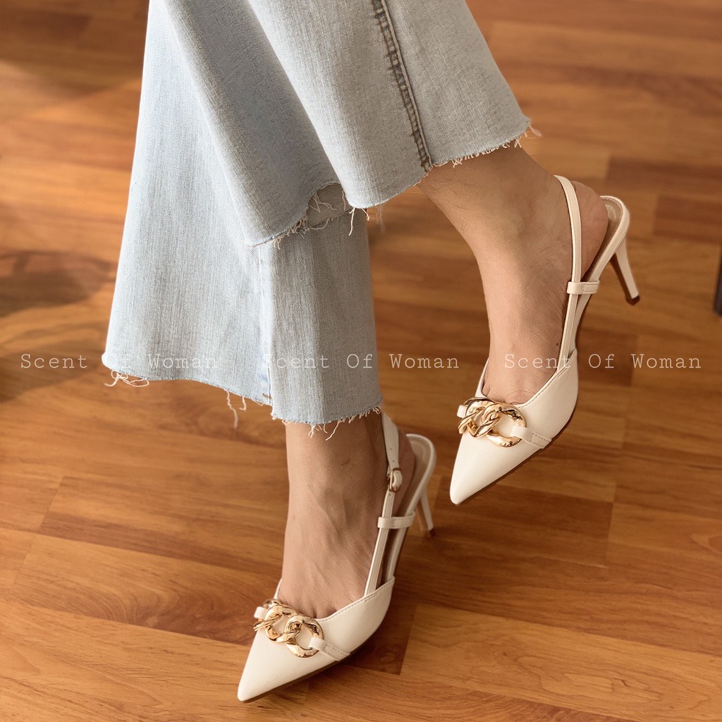 Giày cao gót nữ phối xích hở gót sandal nữ gót nhọn 7 phân mũi xích -M76