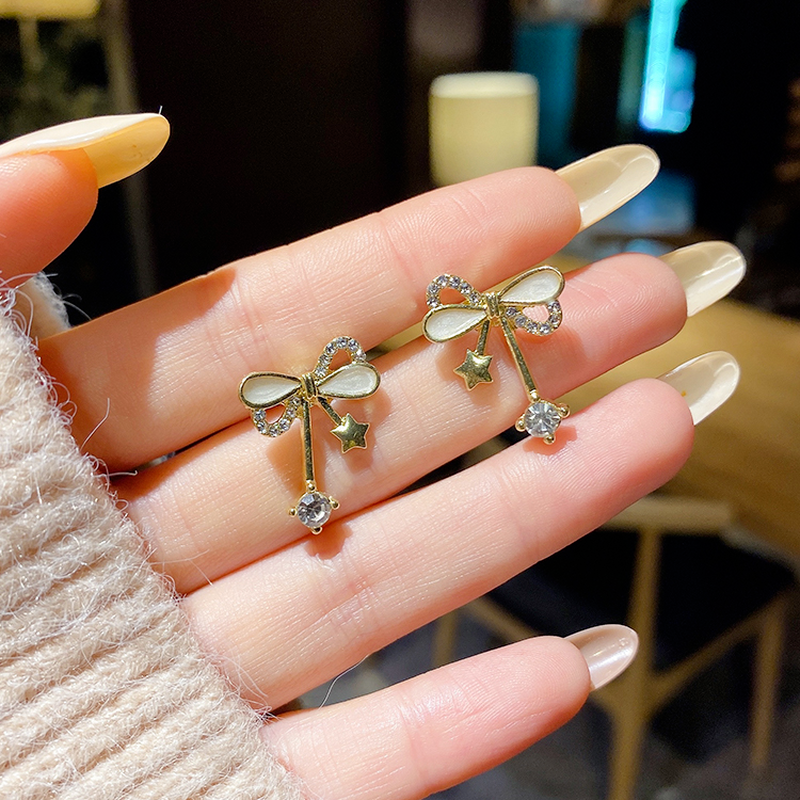 Bông tai trang trí hình nơ đính đá xinh xắn cho nữ