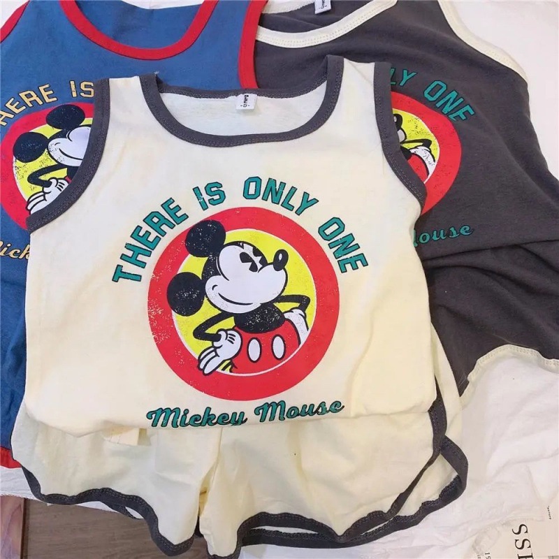 Bộ Áo Thun Sát Nách Phối Quần Short Vải Cotton Thoáng Khí In Hoạt Hình Thời Trang Mùa Hè Cho Bé
