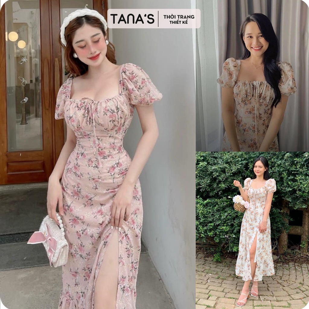 Đầm hoa cổ vuông nhún ngực xẻ tà, với chất liệu voan thêu tôn lên vẻ đẹp nhẹ nhàng sang chảnh