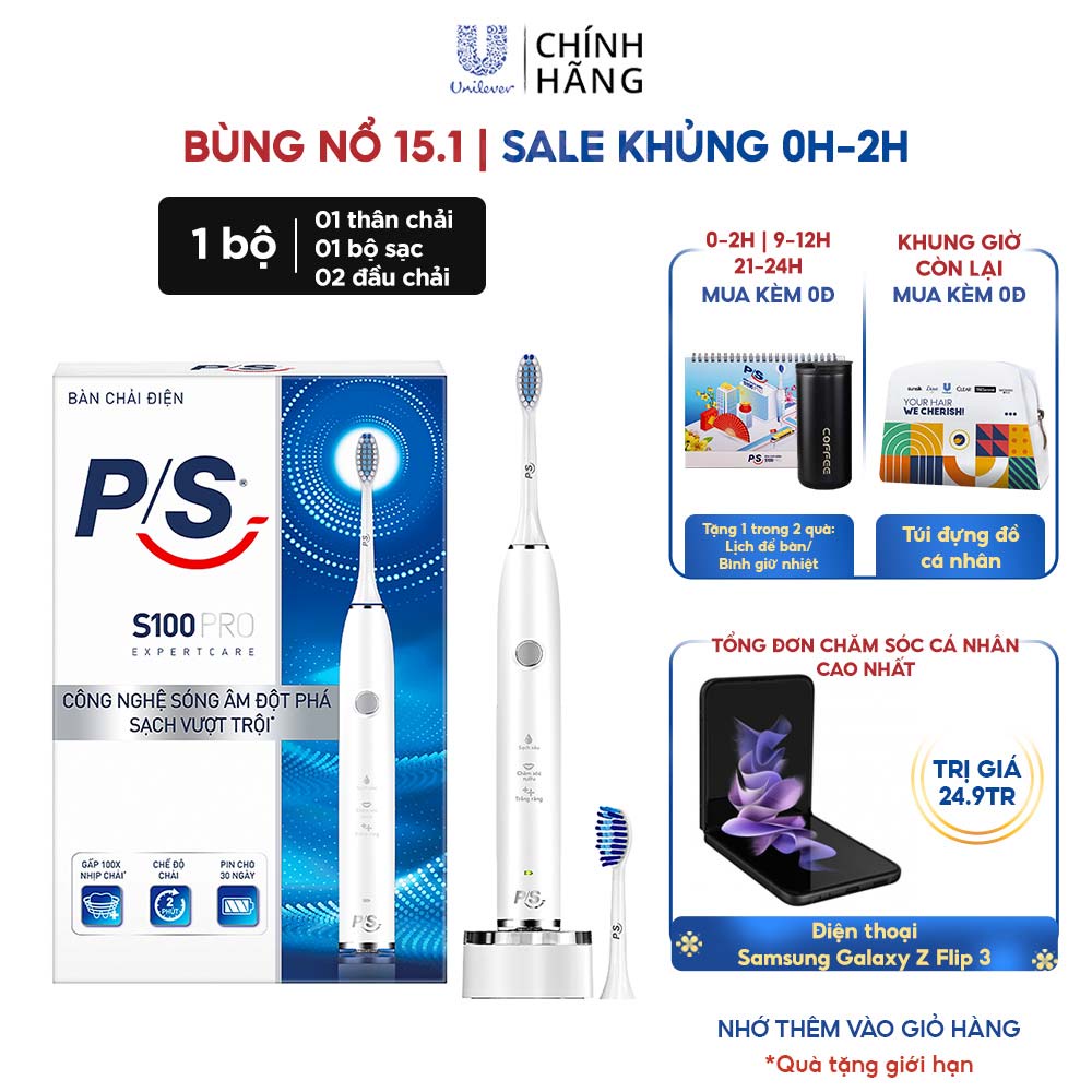 Bàn Chải Điện P/S S100 PRO - Công Nghệ Sóng Âm, Chải Sạch Mảng Bám Tới 10X - Trắng Sáng