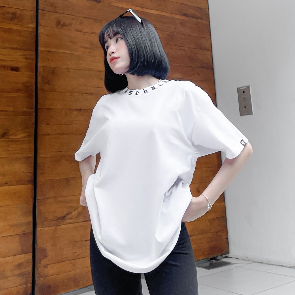 Áo Thun Trắng Trơn Viền Cổ Thêu Chữ Comeback Màu Đen Chất Liệu 100% Cotton Form Rộng Thoải Mái Unisex