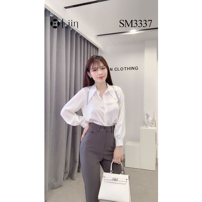 Áo sơ mi nữ màu Trắng dài tay kết hợp Viền Cổ Xanh xinh xắn Liin Clothing SM3337