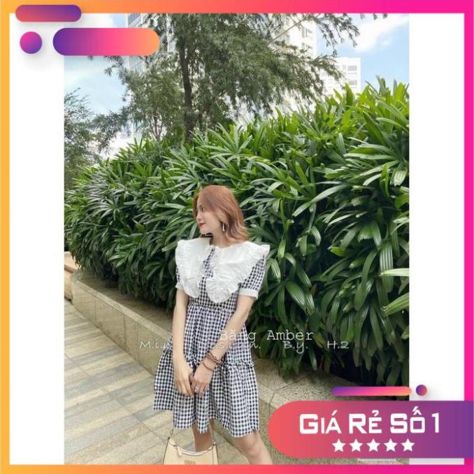 Đầm nữ tiểu thư caro đen tay búp dáng xòe, đầm caro cổ bèo trắng to, đầm cổ sen babydoll đi chơi dạo phố xinh xắn