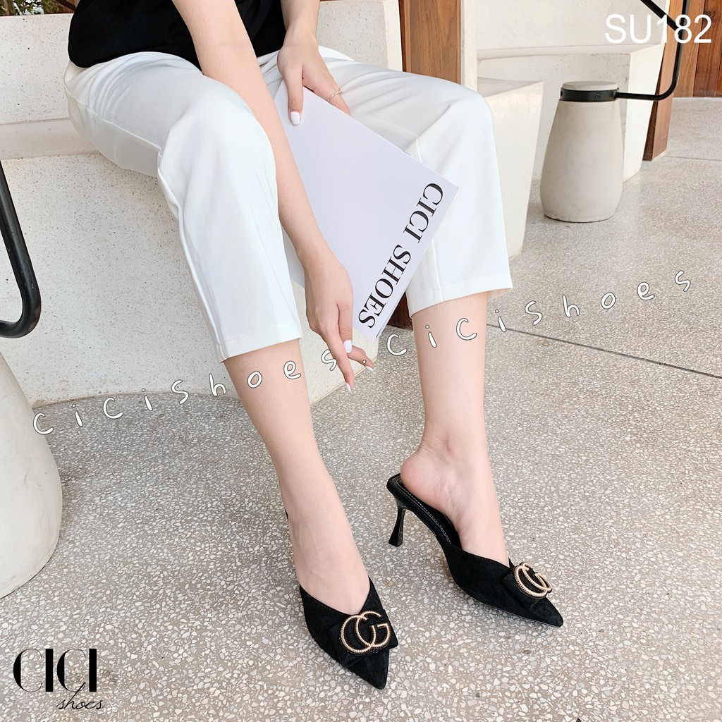 Giày cao gót nữ CiCi Shoes 7cm gót nhọn, dép sục da lộn mũi nhọn khoá đồng - SU182