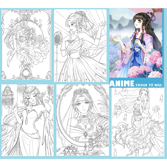 Bộ tranh tô màu chì, nước Anime khổ A4- Lineart