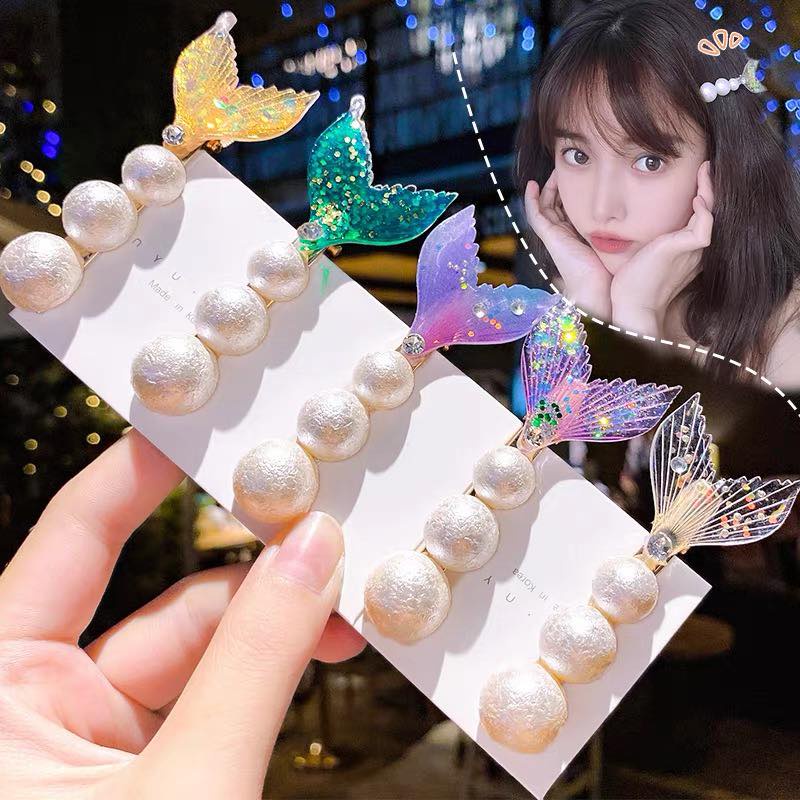 [Hot Trend] Kẹp tóc đuôi tiên cá gắn hạt trai nhân tạo lấp lánh kim tuyến phong cách Hàn Quốc dễ thương cho bé