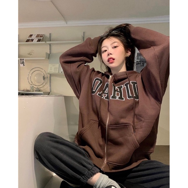 Áo nỉ hoodie zip DAHU hai màu nâu sữa mềm mịn tay bồng form thụng chất nỉ mềm mịn Nhungkudostore