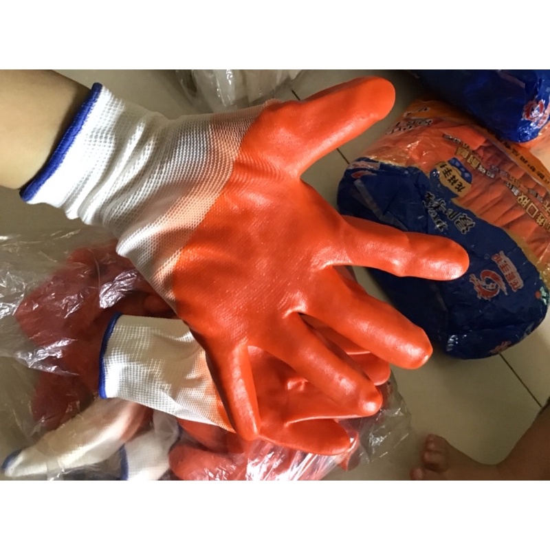 Gang tay bảo hộ lao động, gang tay sơn màu cam loại dày