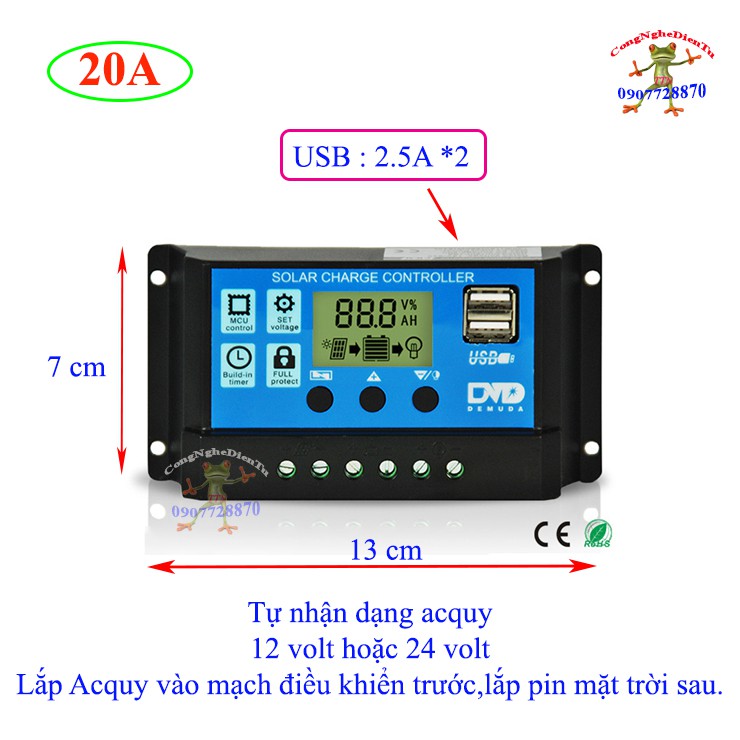 Điều khiển sạc pin năng lượng  mặt trời LCD 20A