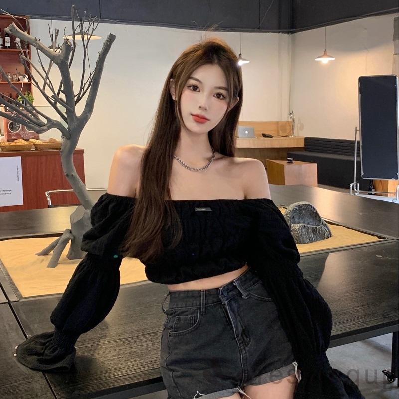 Áo thun trễ vai tay phồng dài màu trơn hở lưng thời trang cho nữ