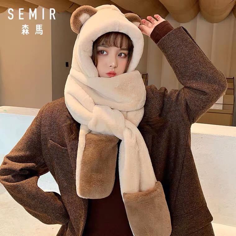 S91228  Mũ gấu liền khăn và găng tay giữ ấm nữ cao cấp mùa đông hàng nhập