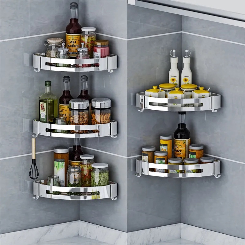 Kệ inox nhà bếp dán tường sang xịn mịn Giá đựng gia vị không rỉ sét Kệ góc nhà tắm Đồ gia dụng tiện ích ke tam giac GOC2