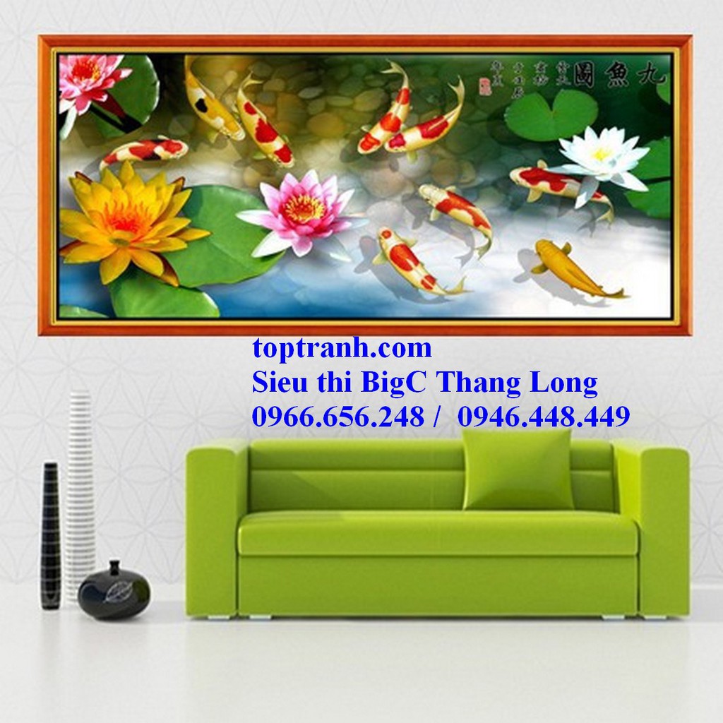 Tranh thêu chữ thập cá chép hoa sen cửu ngư quần hội A945 chưa thêu