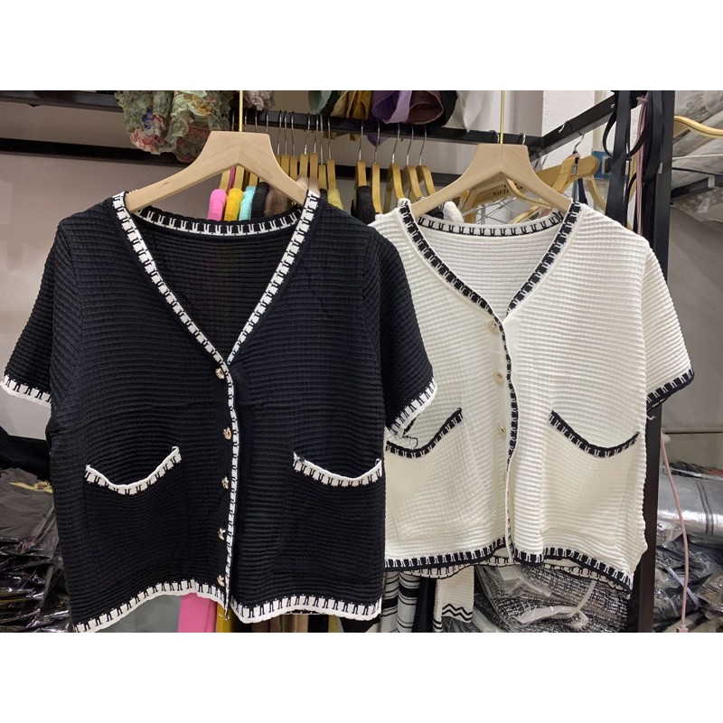 Áo cadigan dệt kim viền chỉ ngắn tay