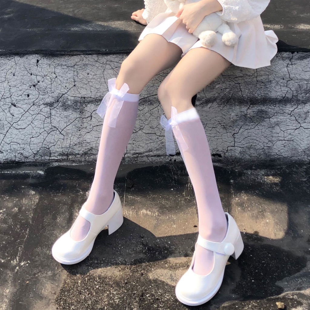 Harajuku Gothic Bow Calf Socks Female Lolita Japanese Velvet Tube Socks Breathable Kawaii Loli Sweet Thin Knee Socks Woman