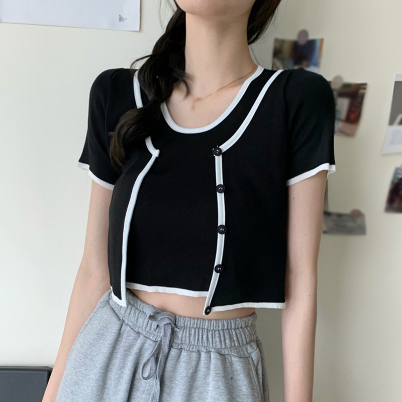 Contrasting Color Two-piece Short-sleeved T-shirt Women's Short All-match Top