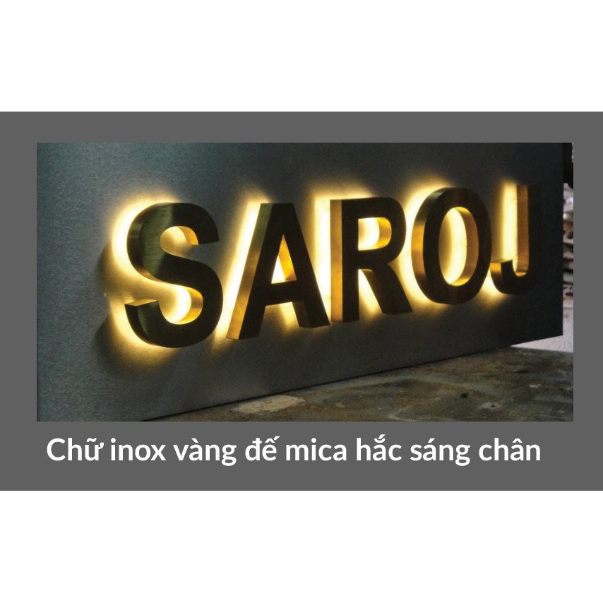 Chữ inox vàng đế Mica có đèn hắc sáng chân