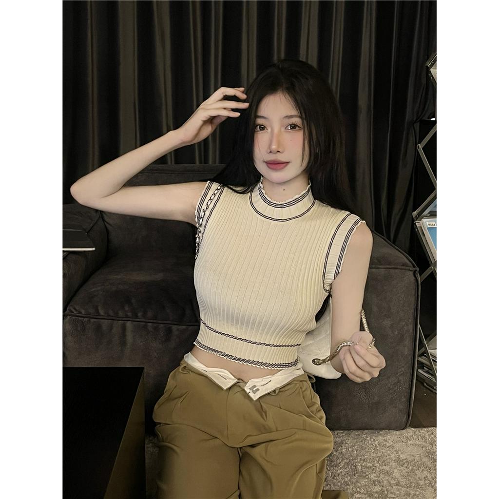 Áo Dệt Kim Sát Nách Cổ Tròn Màu Sắc Tương Phản Phong Cách Retro Thời Trang Hè 62959