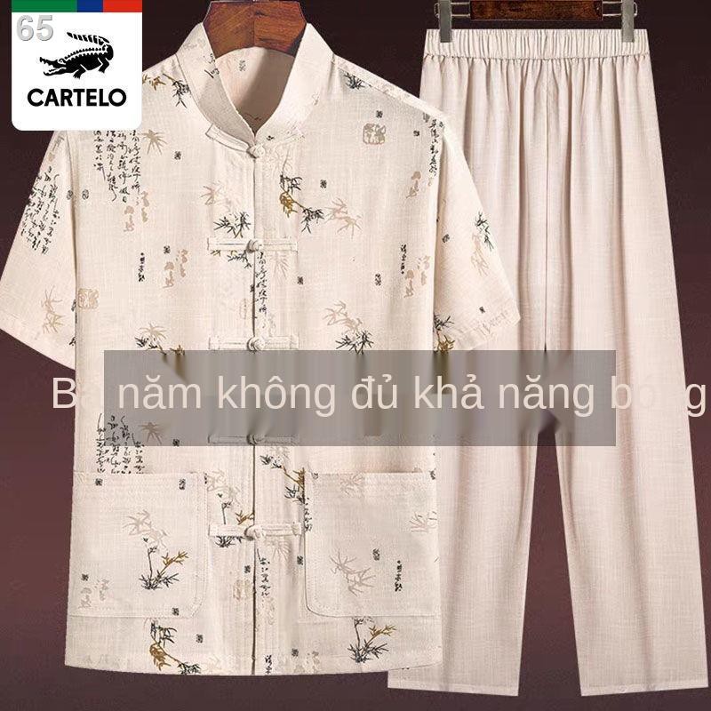 Bộ đồ thường ngày của nam Tang suit cotton và linen ngắn tay ông nội trang phục dân tộc mùa hè bố cao tuổi Hanfu