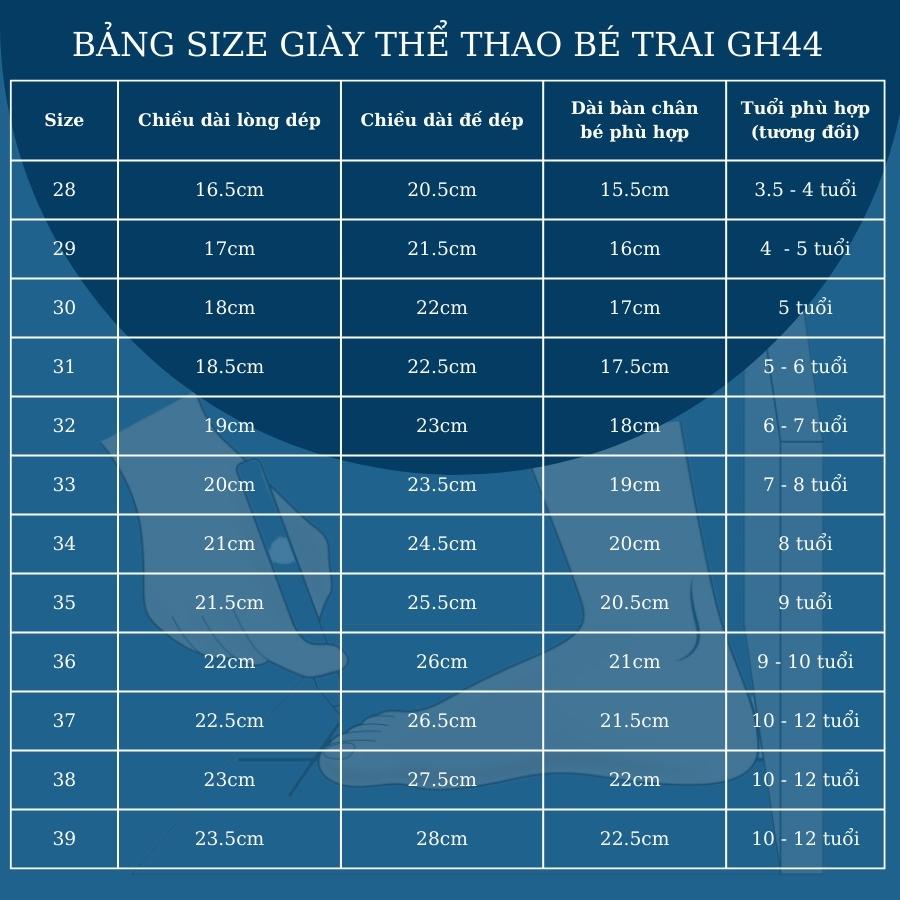Giày thể thao màu đen cho bé trai 4 - 12 tuổi giày trẻ em phong cách khỏe khoắn năng động đế siêu nhẹ chống trơn GH44
