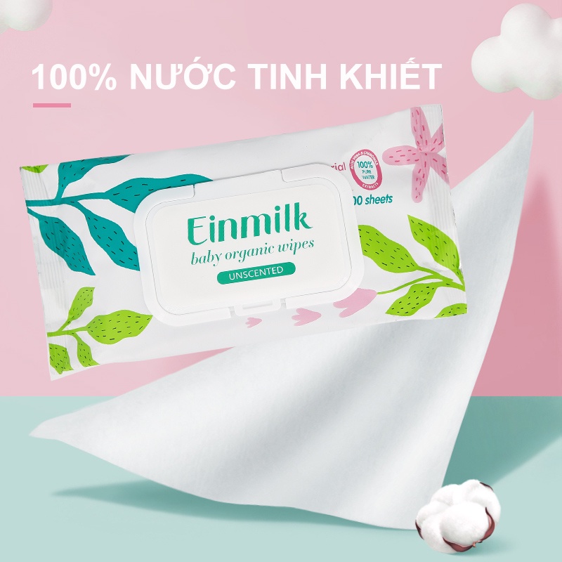 Khăn giấy ướt hữu cơ Einmilk 100 tờ một gói ,không mùi dành cho bé