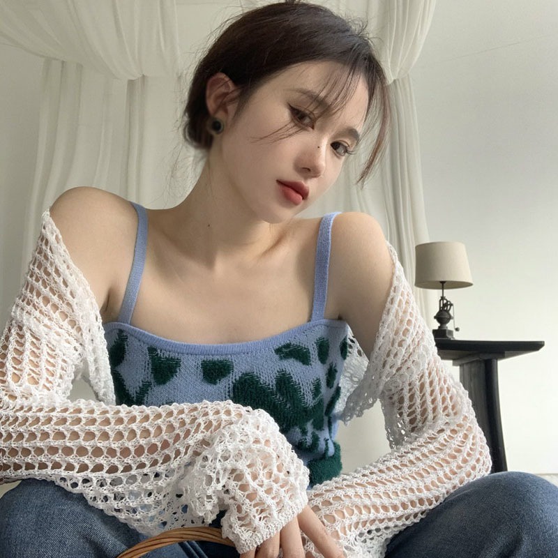 Set Áo Croptop Hai Dây + Áo Khoác Chống Nắng Dài Tay Thời Trang Nữ