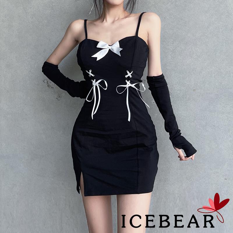 Đầm hai dây dài tới đùi ôm eo đính nơ cắt xẻ liền mảnh với ống tay áo quyến rũ dành cho nữ