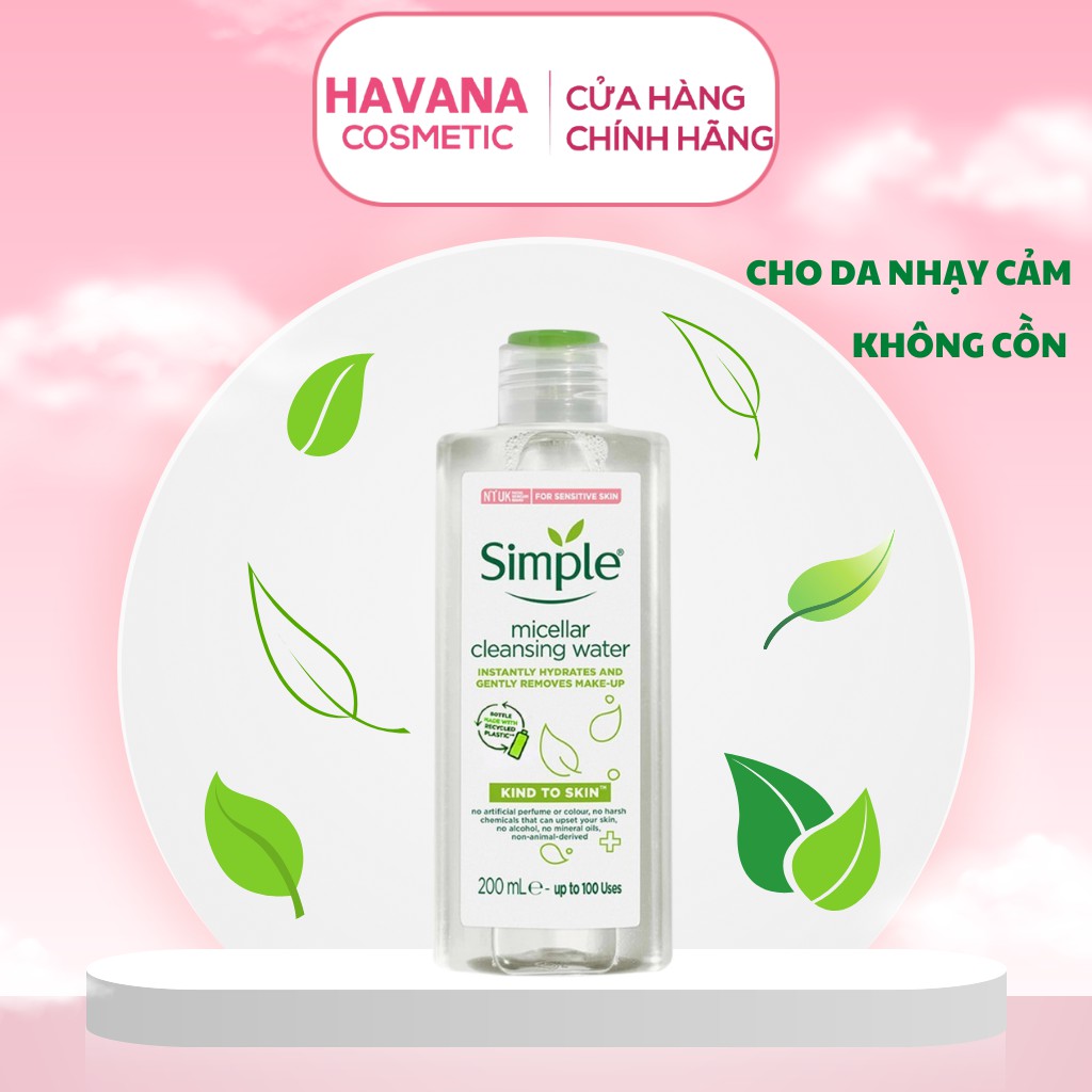 [ Qùa tặng KT ]Tẩy trang không cồn, nước tẩy trang Simple cho da nhạy cảm 200ml