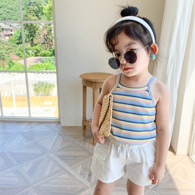 Áo Hai Dây Kẻ Sọc Màu Cầu Vồng Dễ Thương Cho Bé Gái