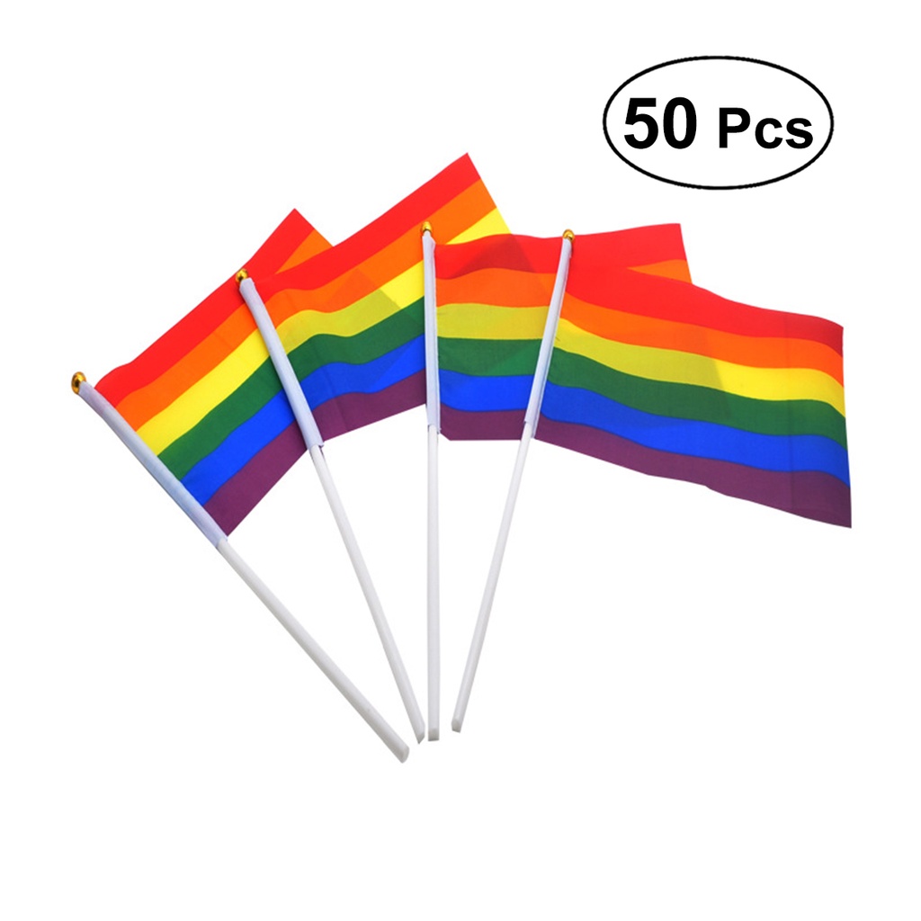 Bộ 50 Lá Cờ Gay Pride Mini Cầm Tay Màu Cầu Vồng Kích Thước 21 * 14cm