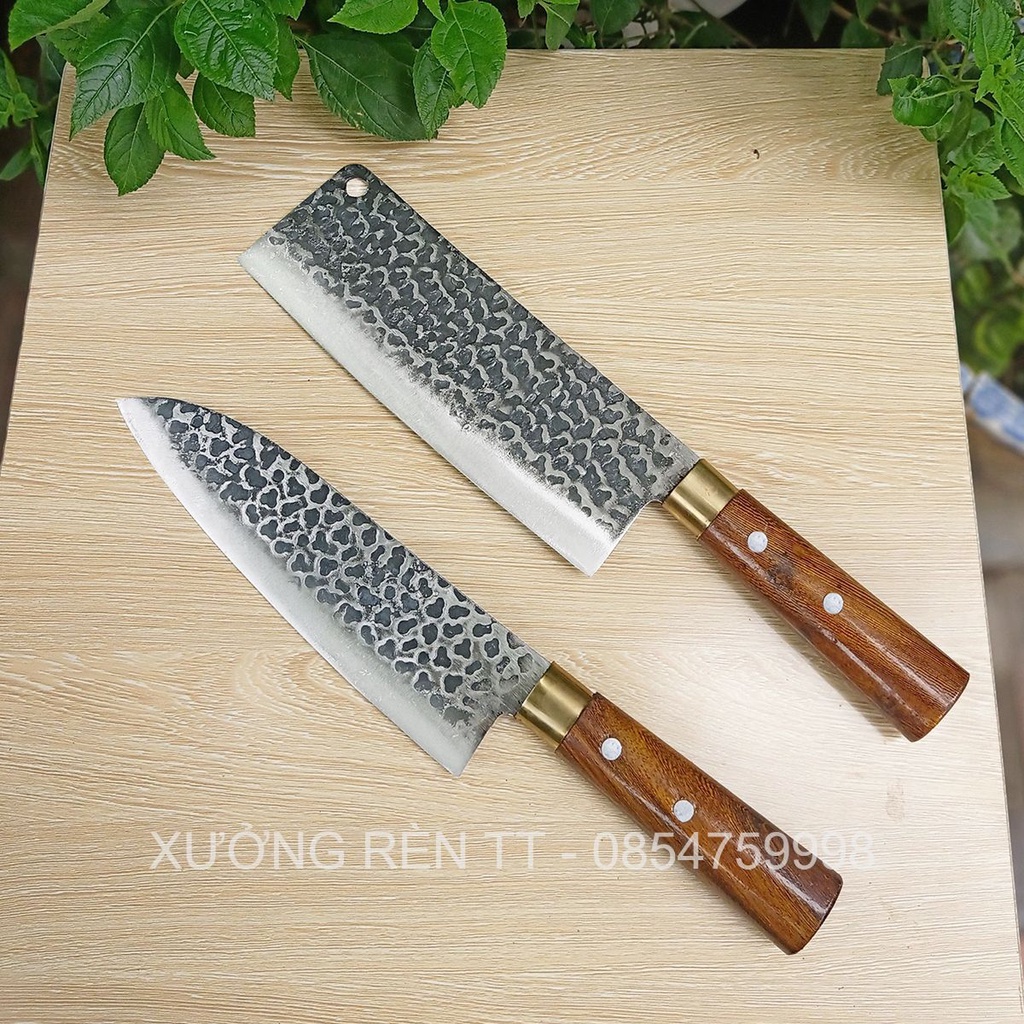 Bộ 2 Dao Thái Lọc Thép Nhíp Dập Vân 2 Mặt Cao Cấp - Cán Cẩm Chỉ Khâu Đồng