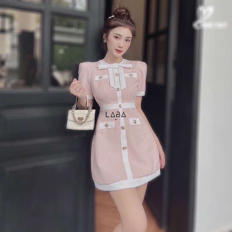 Đầm chữ A 2 mầu thiết kế cổ nơ viền chất đẹp dày dặn