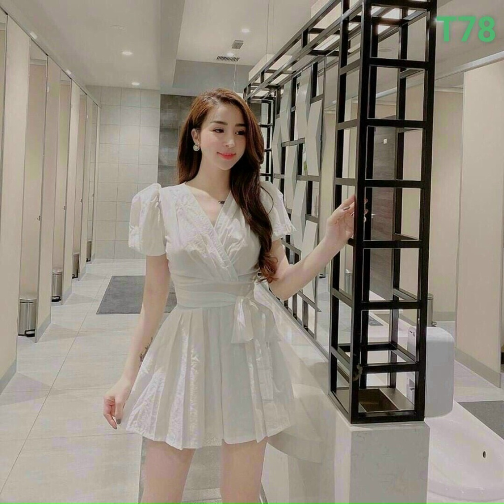 jumsuit tay phồng xếp li chất đũi nhăn xịn xò , có thắt dây eo xinh xắn , 3 màu (trắng , hồng , xanh ) TH16 HATY SHOP
