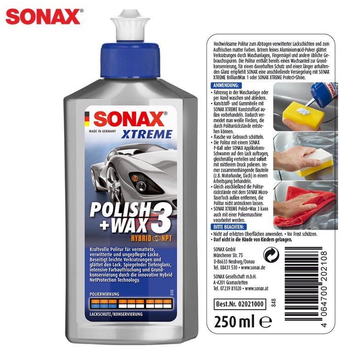 Dung dịch xóa xước, đánh bóng và bảo vệ sơn xe 3 trong 1 thương hiệu Đức - Sonax: Mã 202100